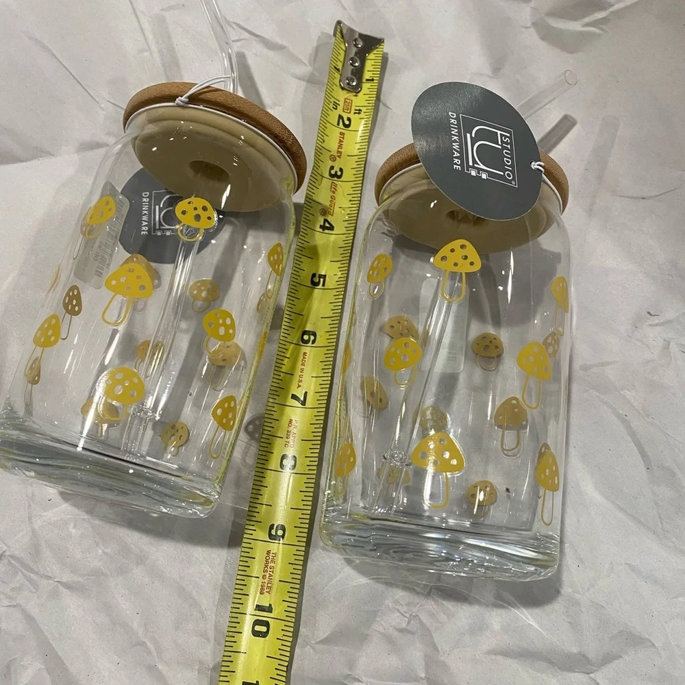 Set of mushroom reusable  glasses with glass straws! 15.2 oz each, wooden lid…
